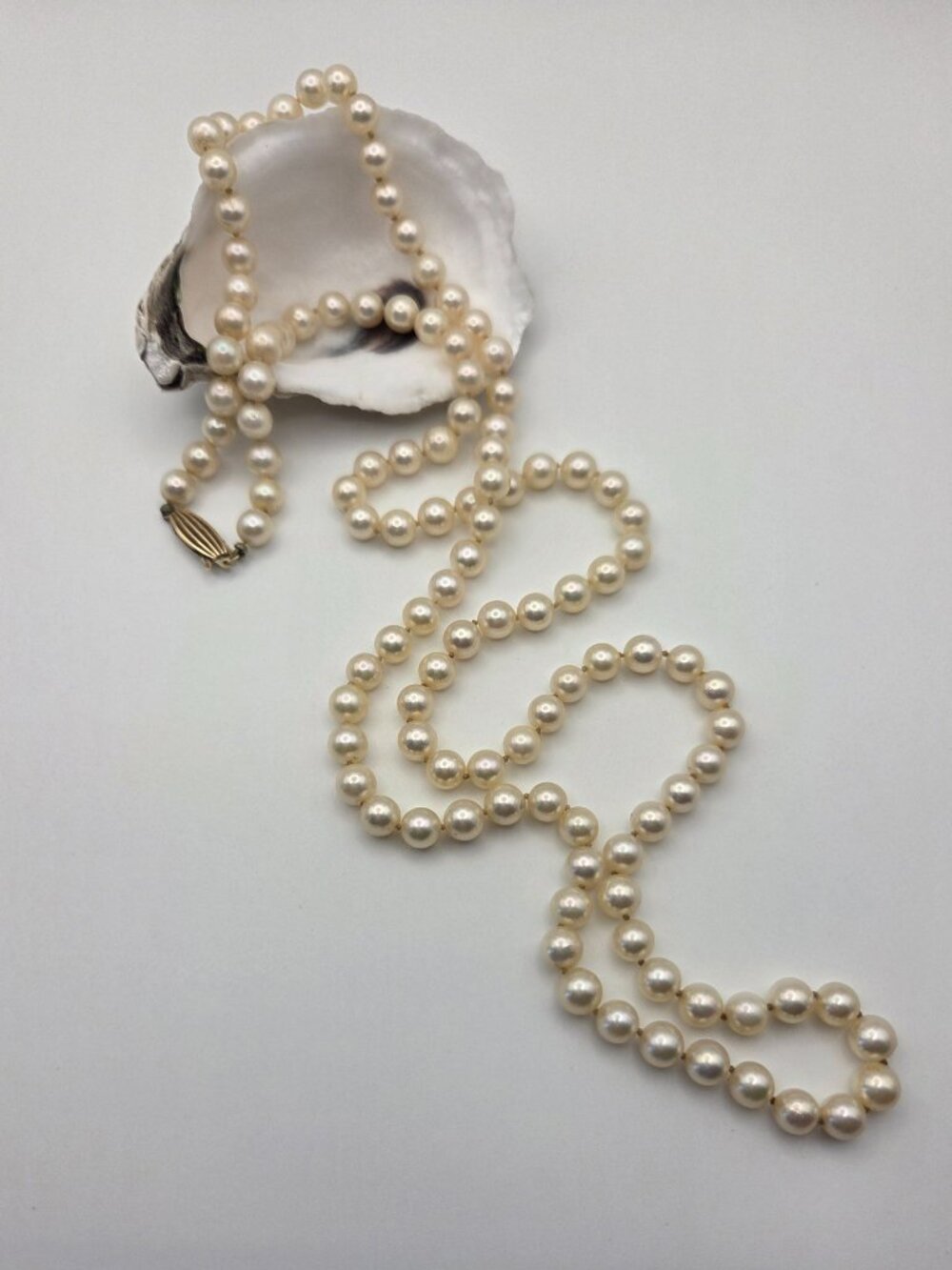 Vintage Opera Length Pearl Necklace with 14K Gold Clasp